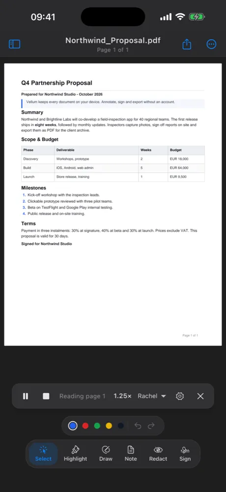 Vellum on iPhone in dark mode, reading a document aloud