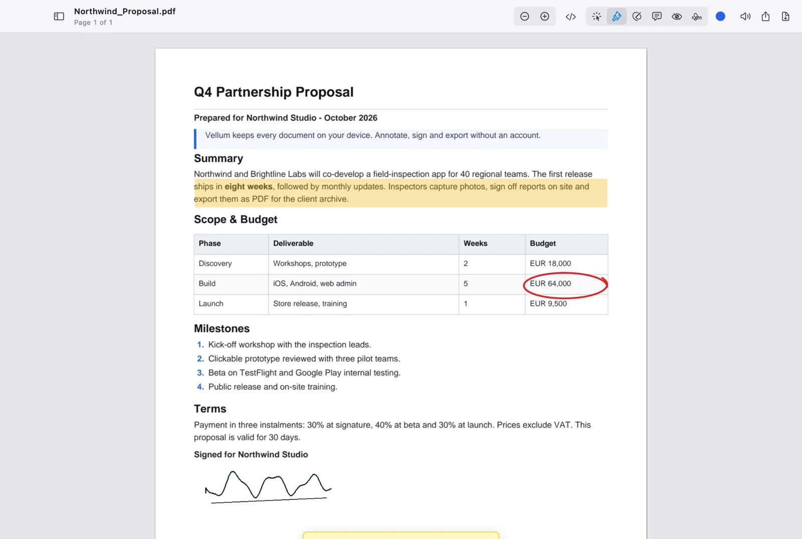Vellum on Mac: a proposal PDF with a highlight, a circled budget figure and a signature